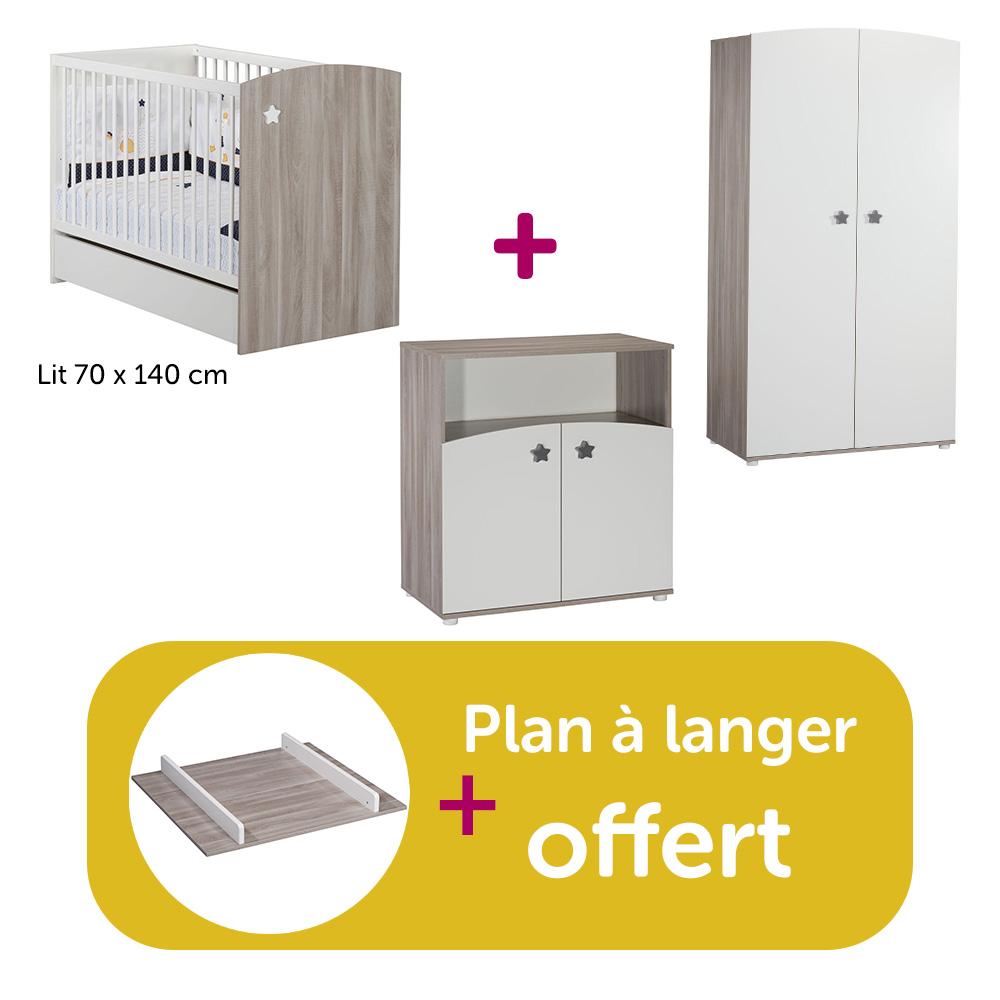 Sauthon - Chambre bébé complète Astral : lit 70x140, commode, armoire, plan à langer offert  Sauthon