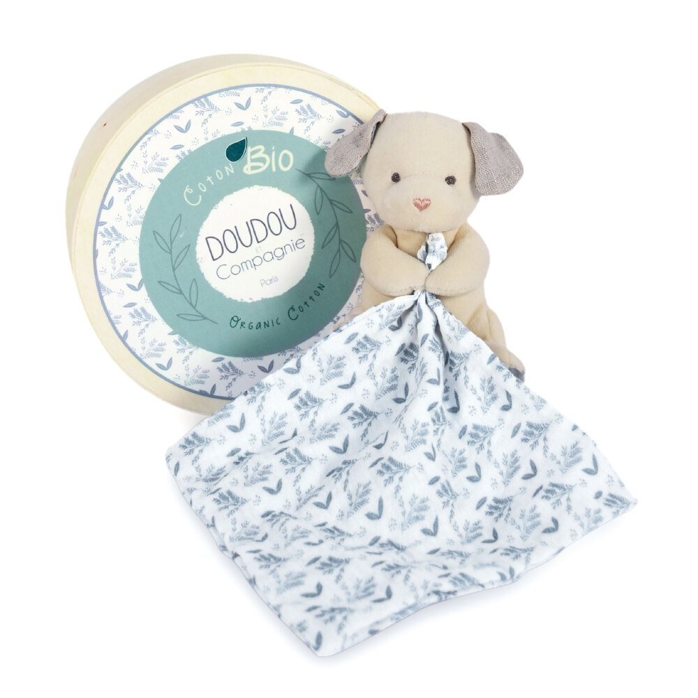 Doudou & Compagnie - Pantin avec doudou Chien en coton bio BLEU Doudou & Compagnie