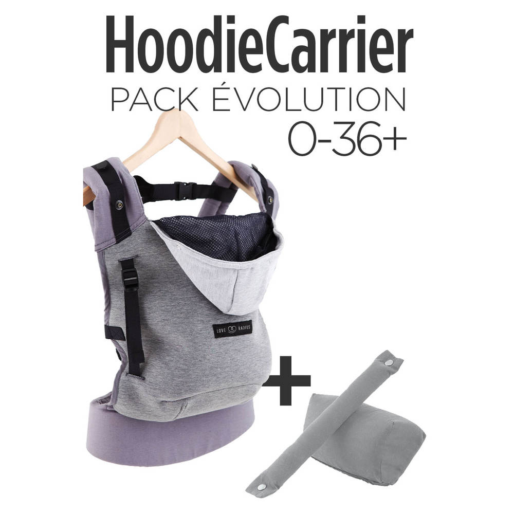 Pack porte-bébé HoodieCarrier + réhausseur + cale-tête GRIS Love Radius by JPMBB