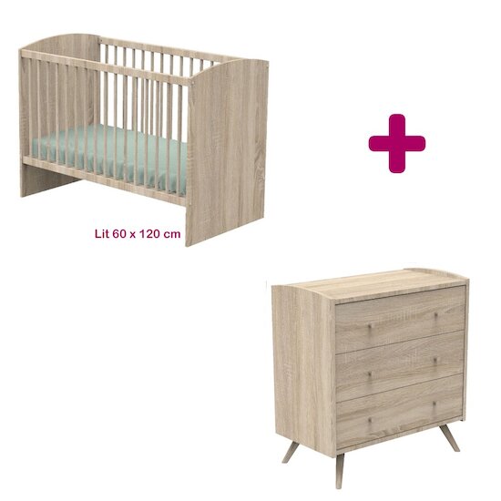 Sauthon Chambre bébé duo Access bois : lit 60x120, commode   Sauthon Chambre bébé duo Access bois : lit 60x120, commode