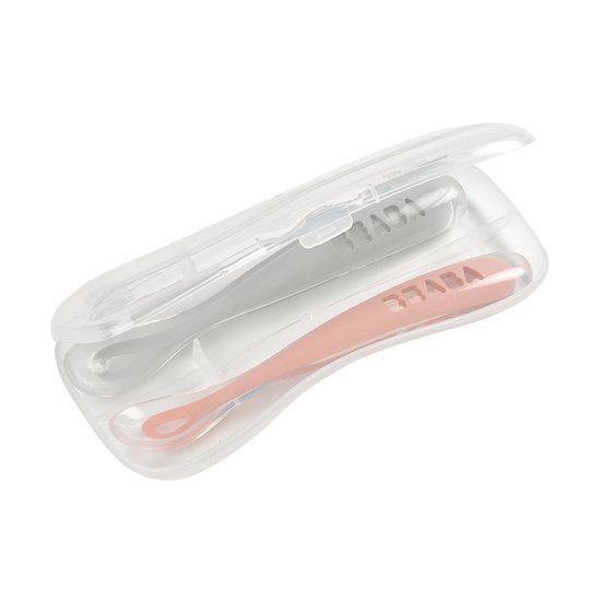 Béaba Lot de 2 cuillères silicone 1er âge avec boite Old Pink   Béaba Lot de 2 cuillères silicone 1er âge avec boite Old Pink