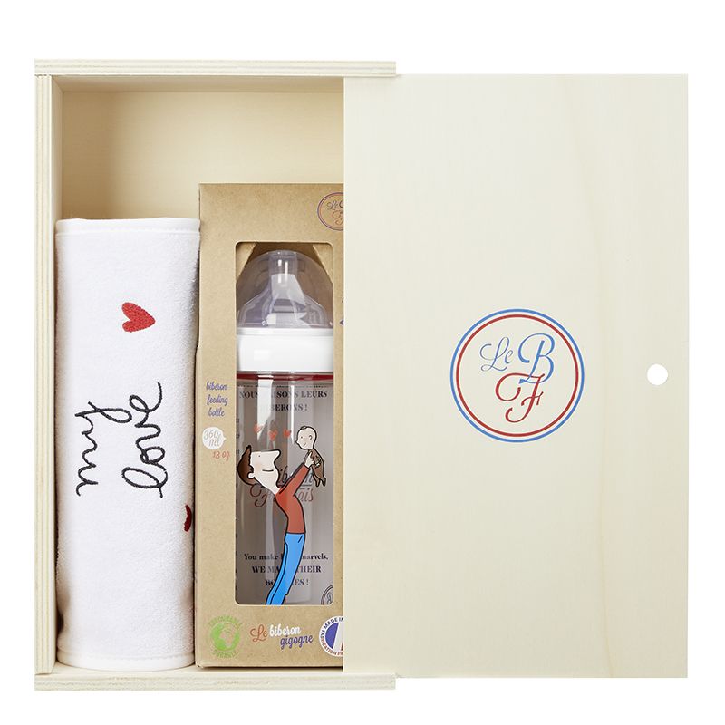Bavoir my love + BIB 360 ml Papa-bébé + boite MULTICOLORE Le biberon Français