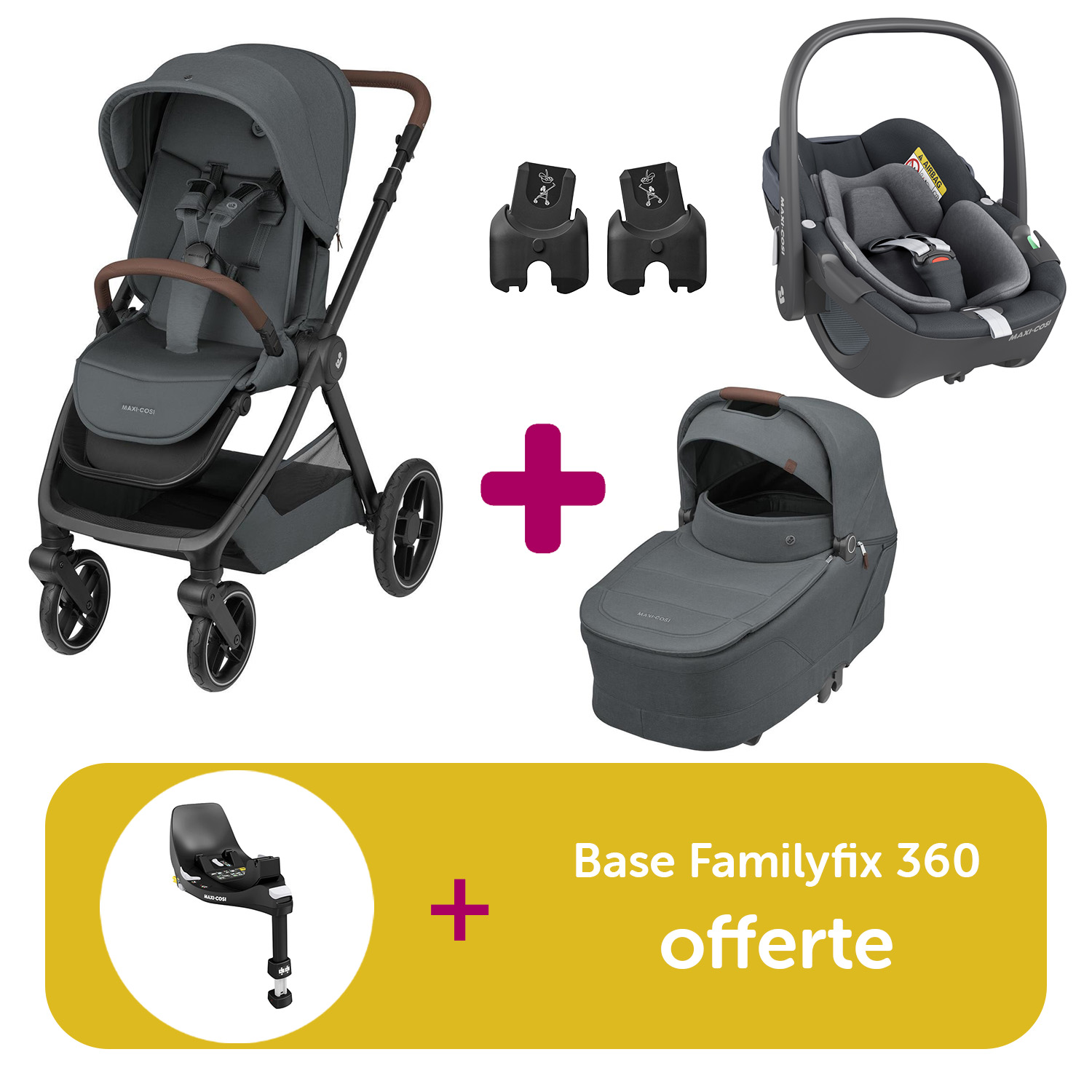 Pack Poussette Trio Oxford Twillic Graphite + Nacelle + adaptateurs coque + coque Pebble 360 Essential Graphite = Base Familyfix 360 offerte  Maxi Cosi