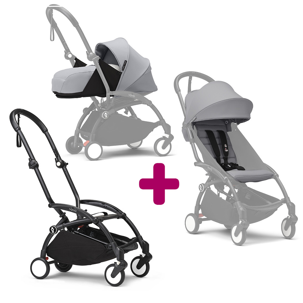 Stokke - Pack Poussette duo chassis YOYO³ Noir + pack 6+ YOYO³ Stone + pack nouveau-né YOYO³ Stone  Stokke