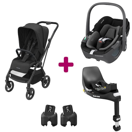 Maxi Cosi Pack poussette duo Léona 2 + pebble 360 essential Black + base familyfix 360  