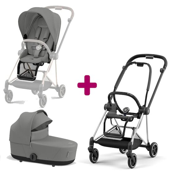 Cybex Pack Châssis poussette Mios chrome black + Siège Mirage Grey + Nacelle Mirage Grey  