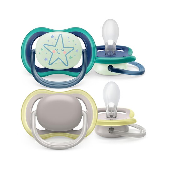 Philips Avent Lot de 2 Sucettes Ultra Air Day and night Déco Gris perle/ jaune vanille/ bleu nuit 6-18 mois Philips Avent Lot de 2 Sucettes Ultra Air Day and night Déco Gris perle/ jaune vanille/ bleu nuit 6-18 mois