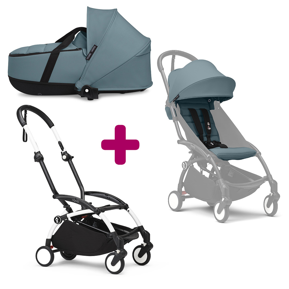 Pack Poussette duo chassis YOYO³ Blanc + pack 6+ YOYO³ Aqua + nacelle YOYO³ Aqua Stokke