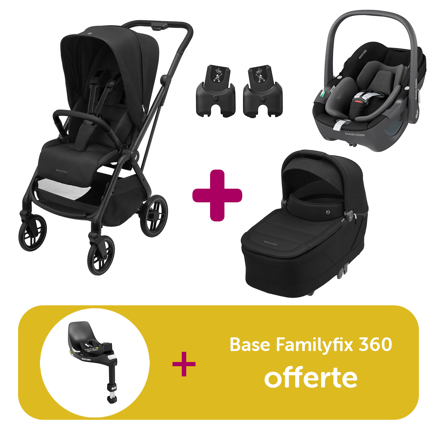 Pack Poussette Trio Leona 2 Twillic Black + Nacelle + adaptateurs coque + coque Pebble 360 Essential Black = Base Familyfix 360 offerte  Maxi Cosi
