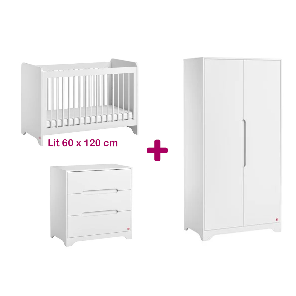 Chambre bébé complète Ova blanc : lit 60x120, commode, armoire Vox