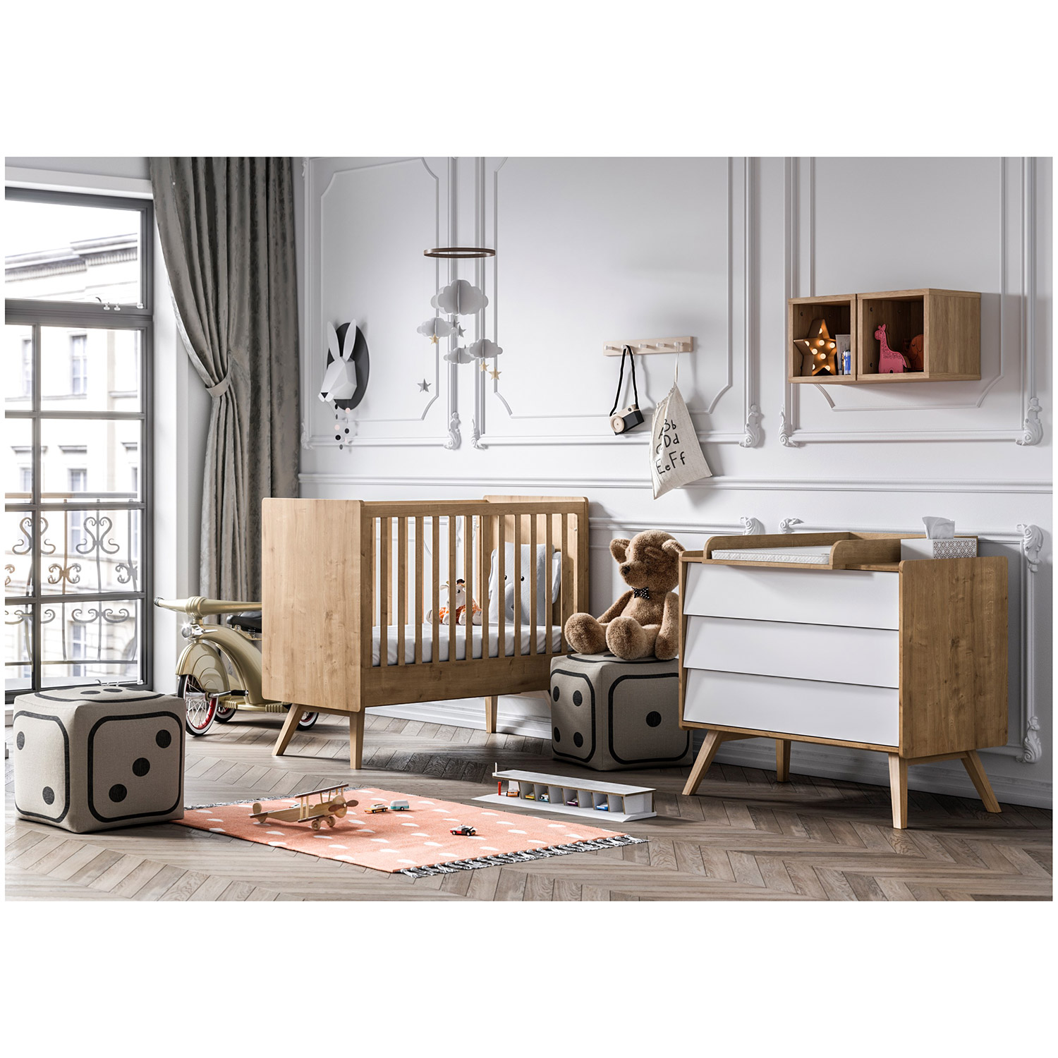 Chambre Duo Vintage : lit 60x120, commode Vox