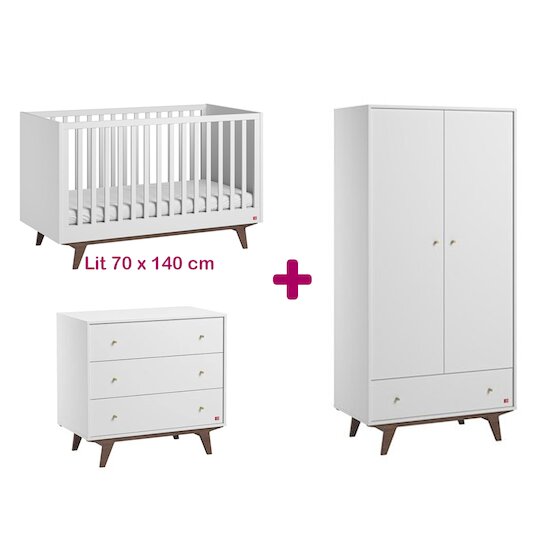 Vox Chambre bébé complète Mid blanc : lit 70x140, commode, armoire  