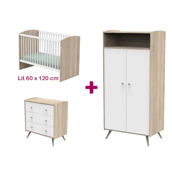 Sauthon Chambre bébé complète Access blanc : lit 60x120, commode, armoire   Sauthon Chambre bébé complète Access blanc : lit 60x120, commode, armoire
