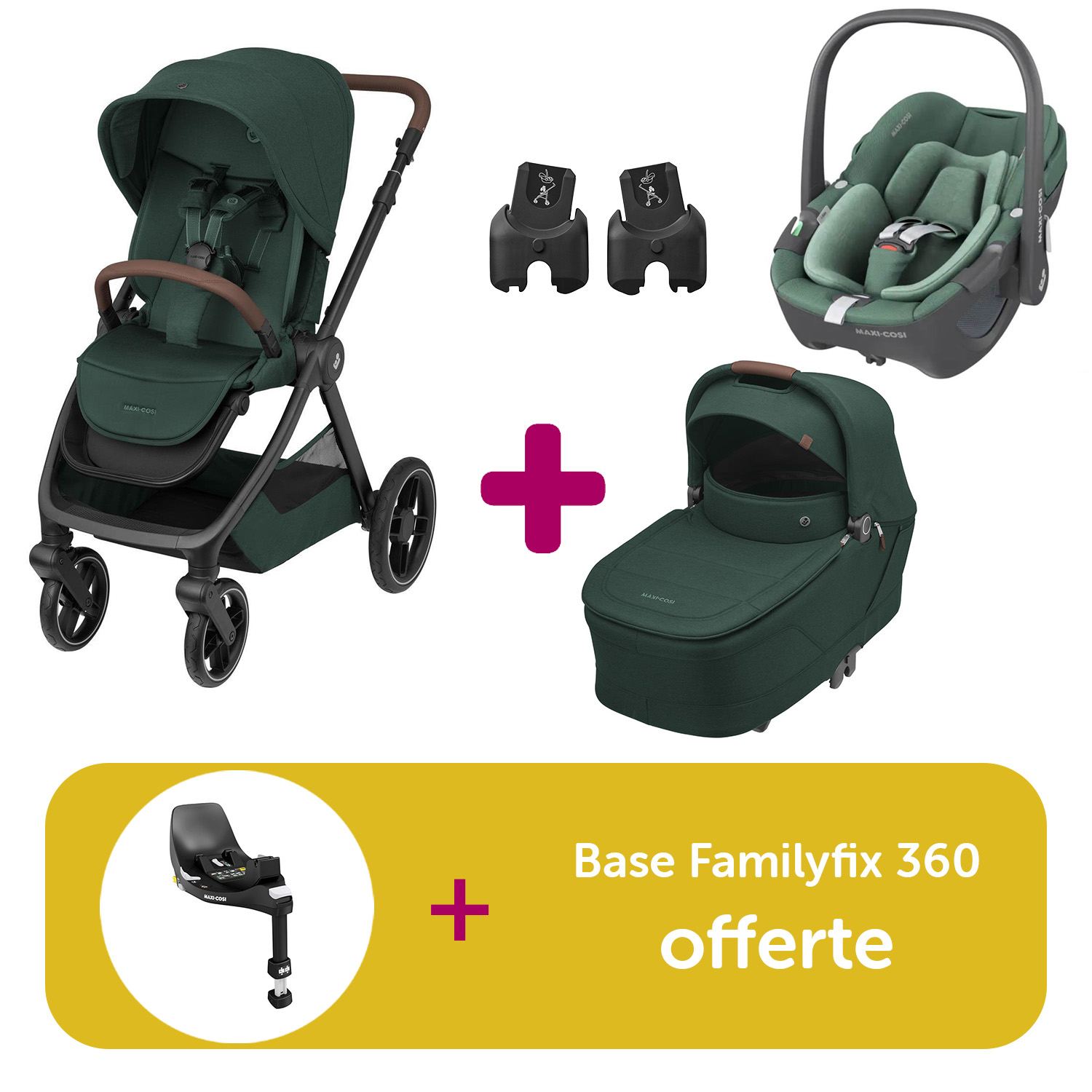Pack Poussette Trio Oxford Twillic Green + Nacelle + adaptateurs coque + coque Pebble 360 Essential Green = Base Familyfix 360 offerte  Maxi Cosi