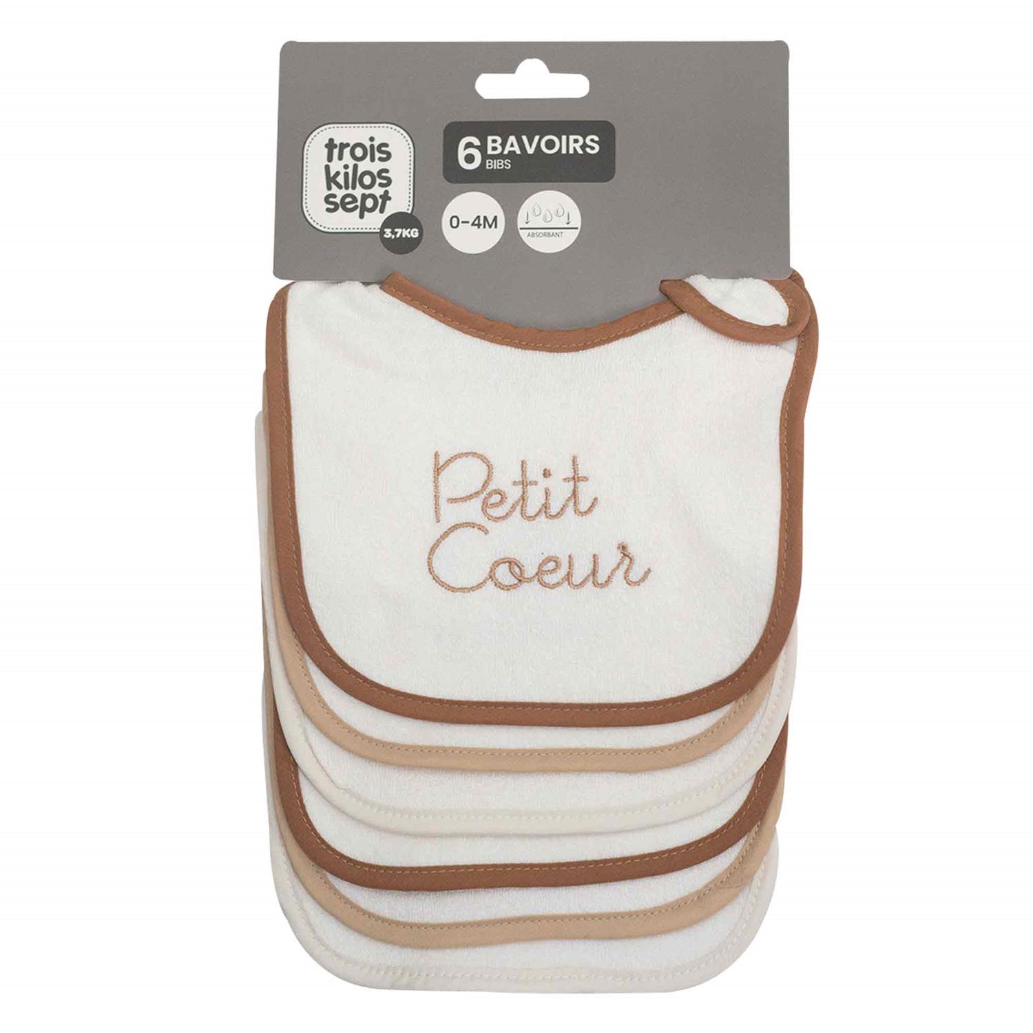 Lot de 6 Bavoirs Naissance Brode BEIGE Trois Kilos Sept