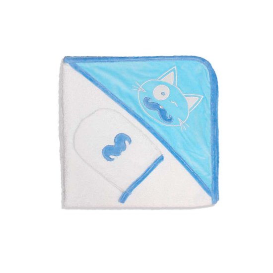 Les Chatounets Sortie de bain + gant Mouse Bleu/Blanc 