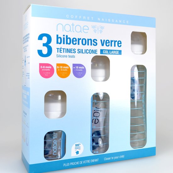 Natae Coffret 3 biberons verre Natae tet. Silicone  120ml - 240ml - 330ml