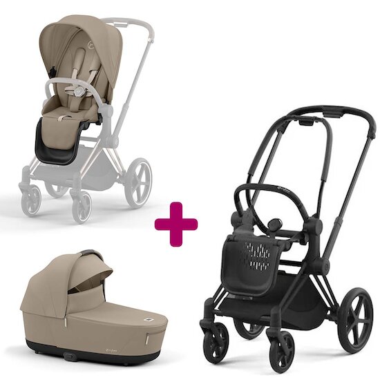 Cybex Pack Poussette Chassis Priam matt black + Siege Priam Cozy Beige + Nacelle Luxe Cozy Beige  