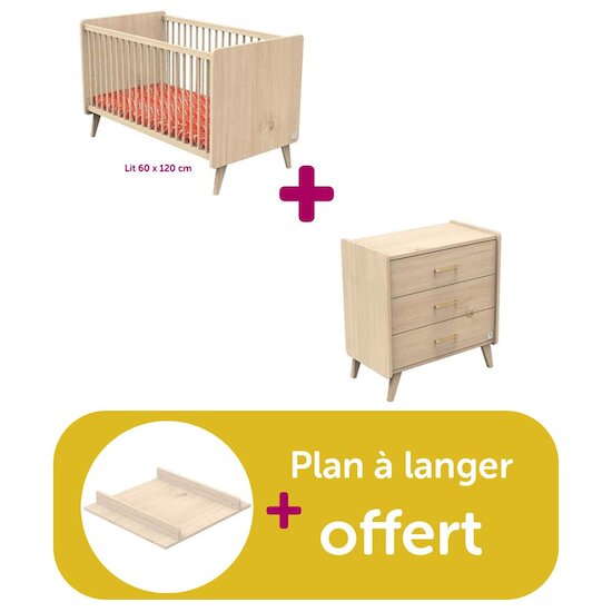 Sauthon Chambre Arty lit 60x120 + commode = Plan à langer offert  