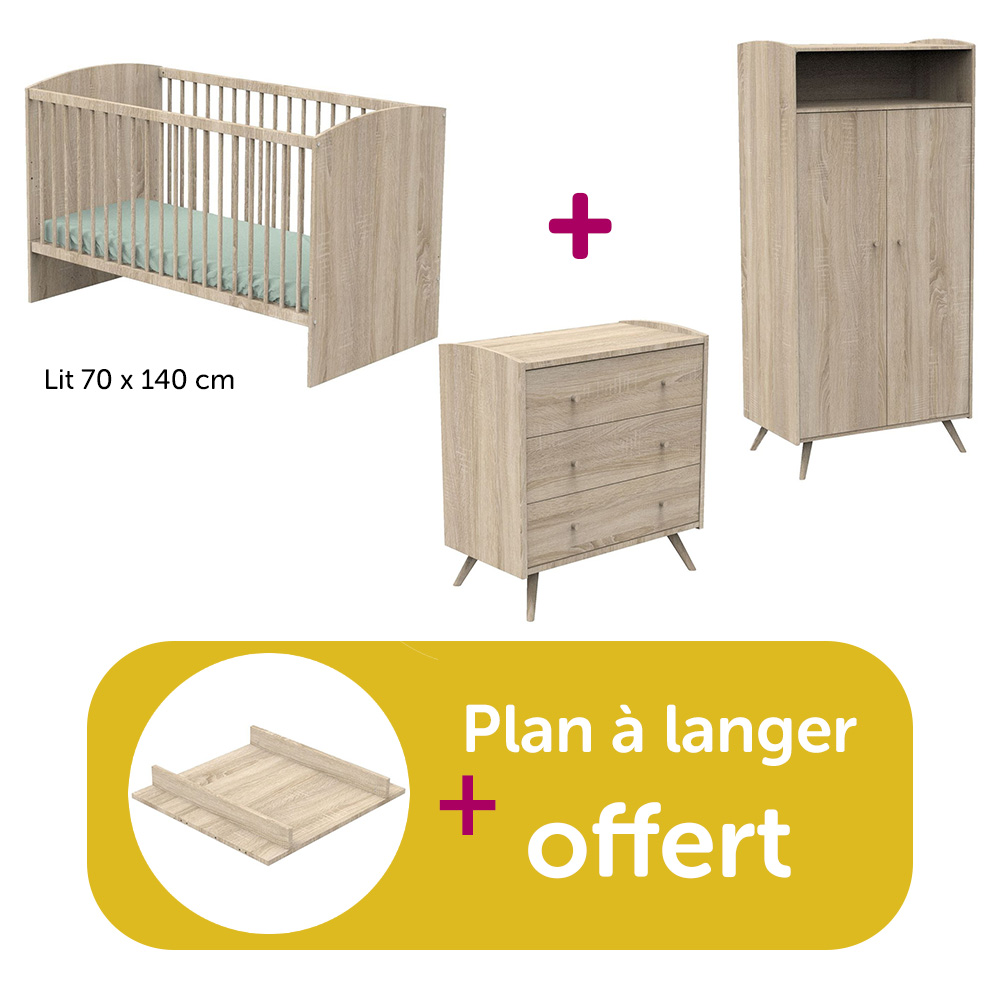 Sauthon - Chambre bébé complète Access bois : lit 70x140, commode, armoire, plan à langer offert  Sauthon