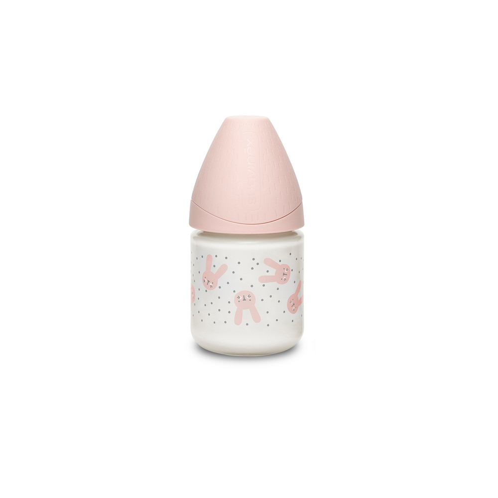 Biberon verre tétine ronde débit lent - lapin ROSE Suavinex