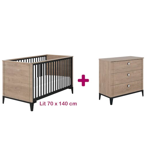 Galipette Chambre bébé duo Marcel Chêne Blond Et Noir : Lit 70x140, Commode 3 tiroirs    Galipette Chambre bébé duo Marcel Chêne Blond Et Noir : Lit 70x140, Commode 3 tiroirs
