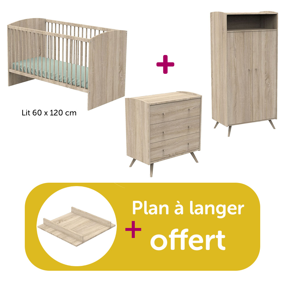 Sauthon - Chambre bébé complète Access bois : lit 60x120, commode, armoire, plan à langer offert  Sauthon