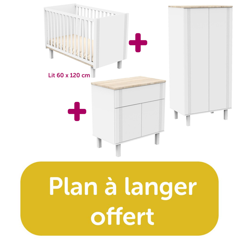 Chambre bébé complète Eléonore blanc : lit 60x120, commode, armoire = plan à langer offert Sauthon