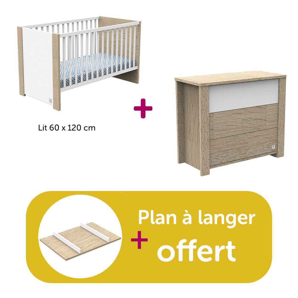Sauthon - Chambre Duo Antonin Chêne Noisette Et Blanc, 120x60, commode, plan à langer offert  Sauthon