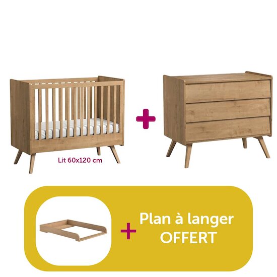 Vox Chambre bébé Duo Vintage : Lit 60x120, commode Bois, plan à langer offert  