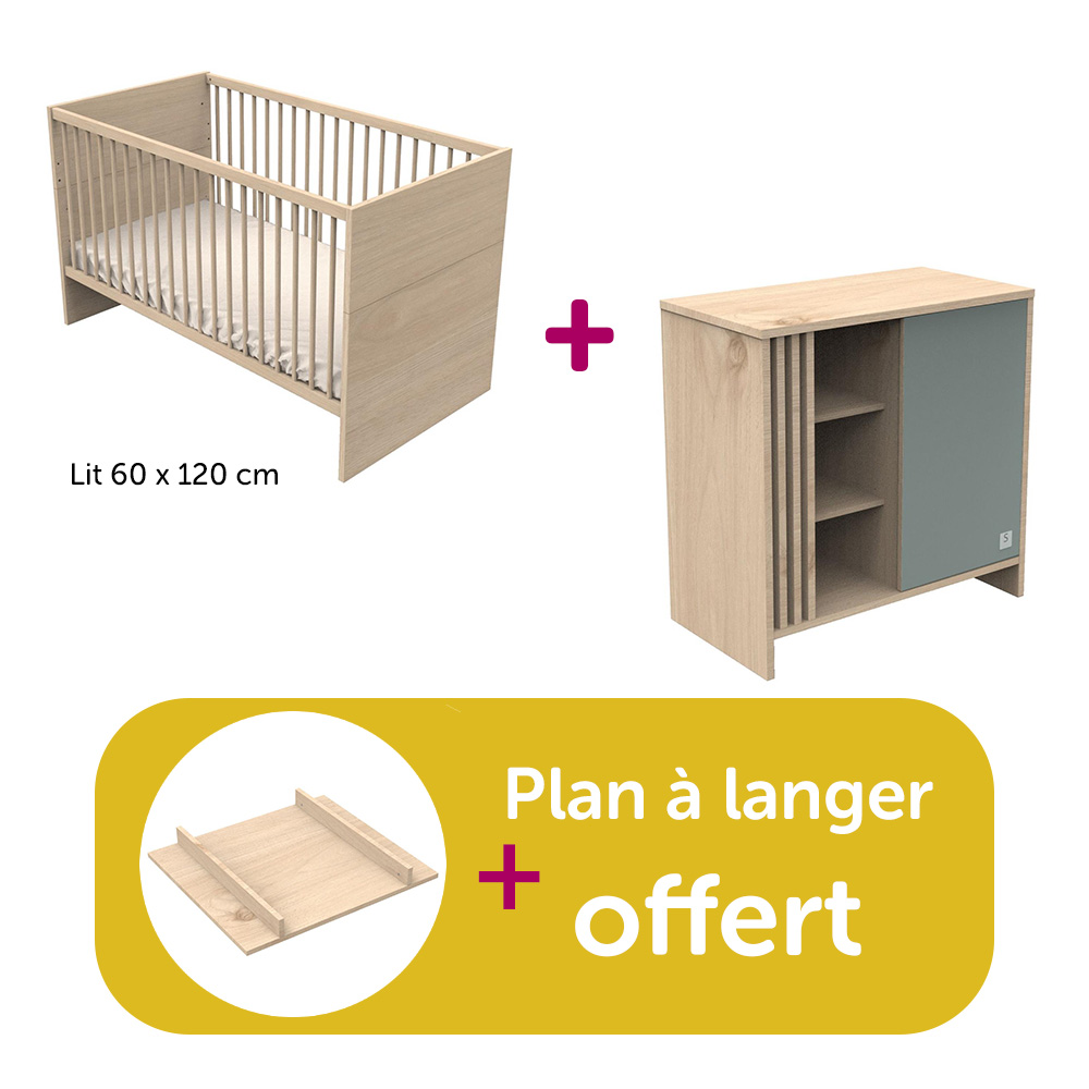 Sauthon - Chambre Duo Tokyo : lit 12x160 commode Sauge  , plan offert  Sauthon