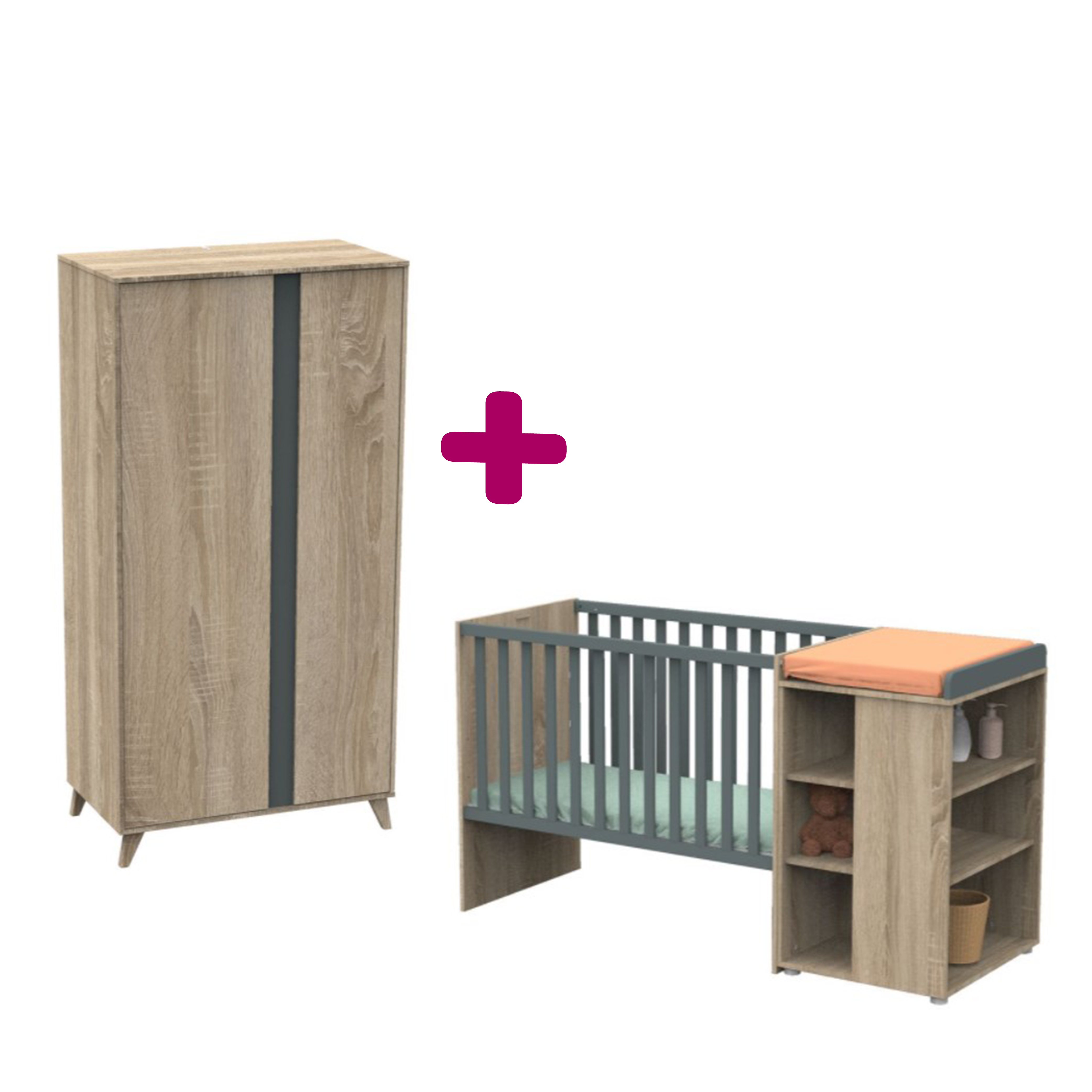 Chambre bébé complète Nova : lit combiné évolutif 60x120, armoire Sauthon