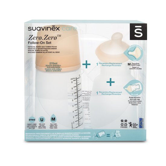Suavinex Pack biberon zero.zero débit moyen + tétine + poche silicone Peau 270 ml