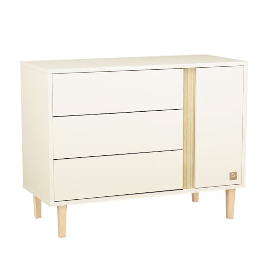 Sauthon Commode 3 tiroirs 1 porte Paloma Blanc Neige/Chêne Strié Sépia/Hêtre Vernis  Sauthon Commode 3 tiroirs 1 porte Paloma Blanc Neige/Chêne Strié Sépia/Hêtre Vernis