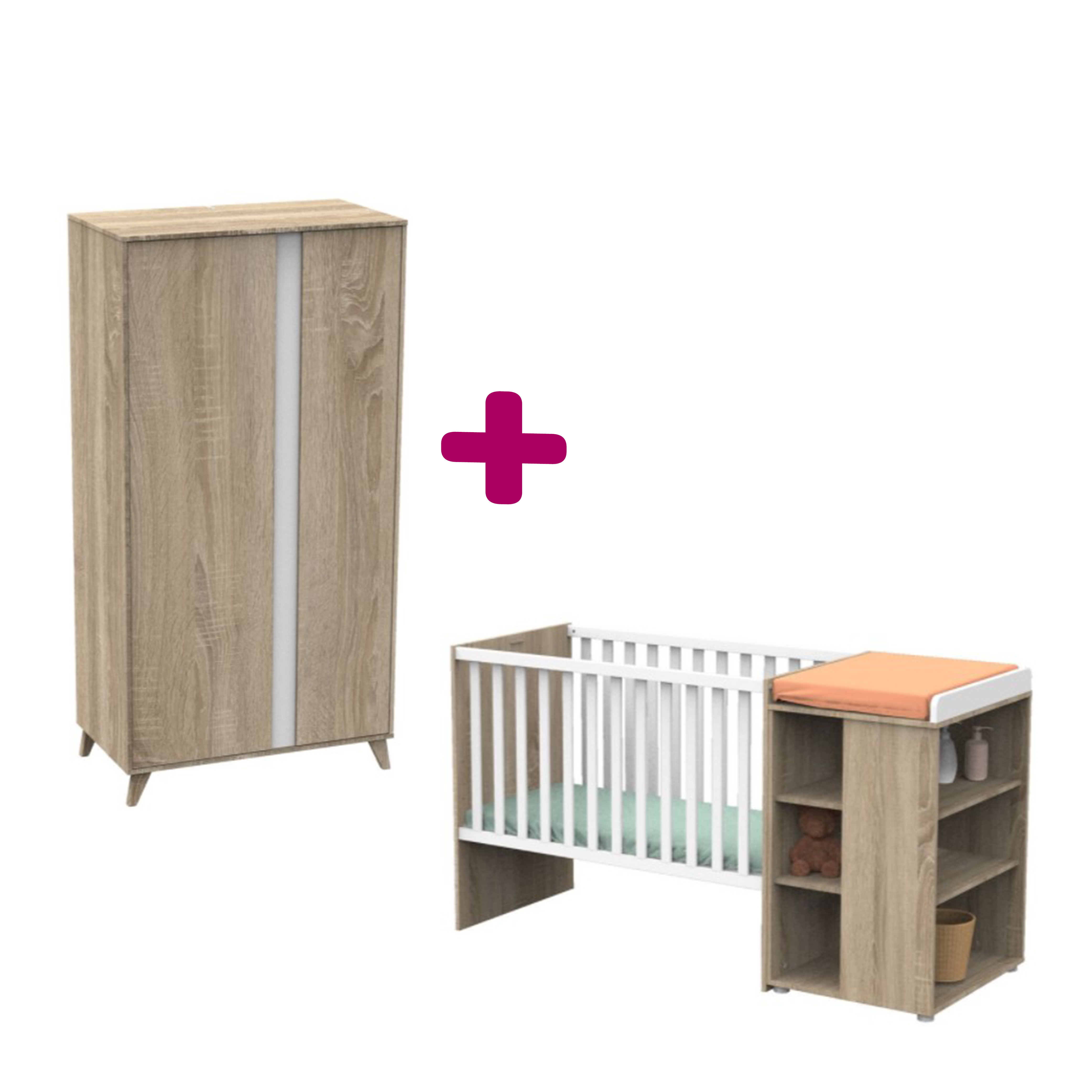Chambre bébé complète Nova : lit combiné évolutif 60x120, armoire Sauthon