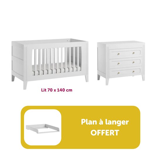 Chambre bébé duo Milenne : Lit blanc 70x140, commode, plan à langer offert