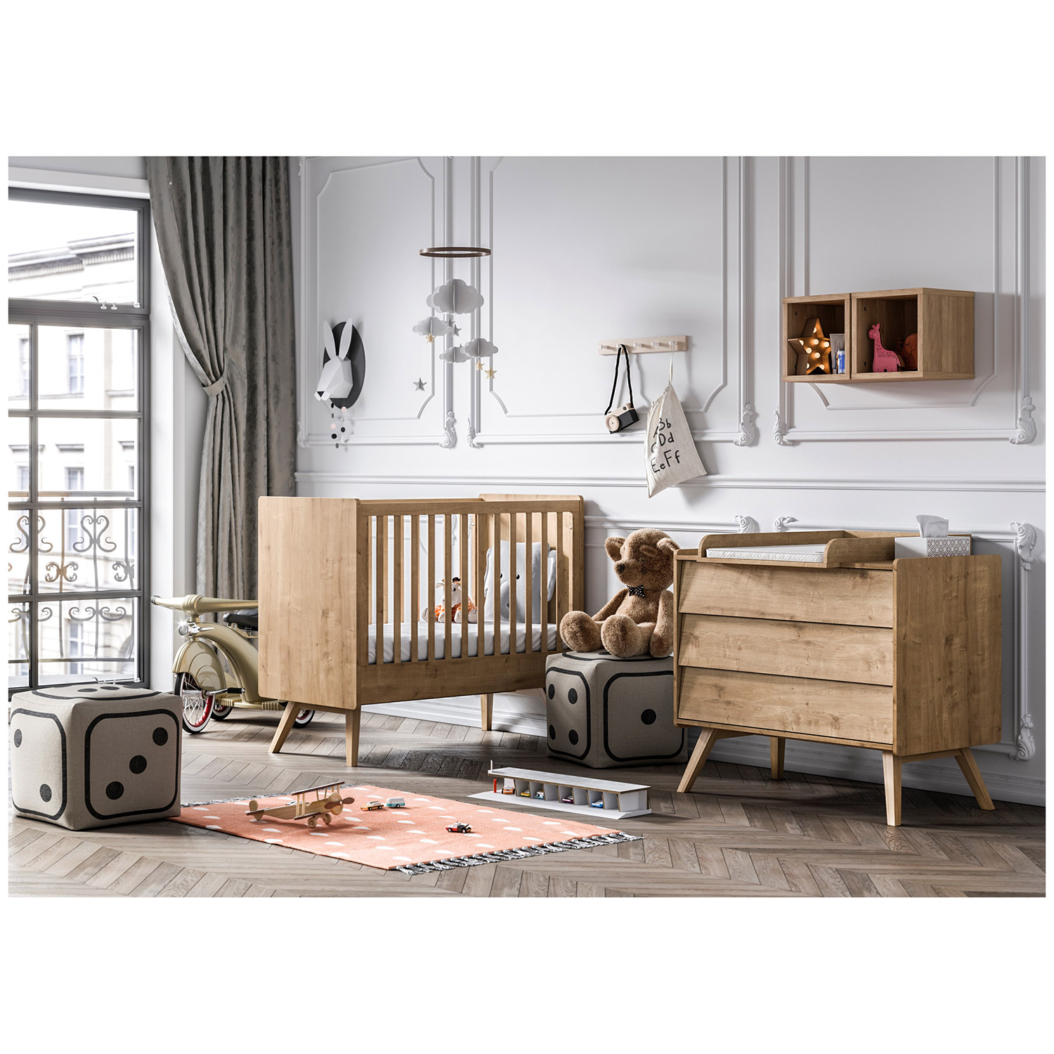 Chambre Duo Vintage : lit 70x140, commode Vox