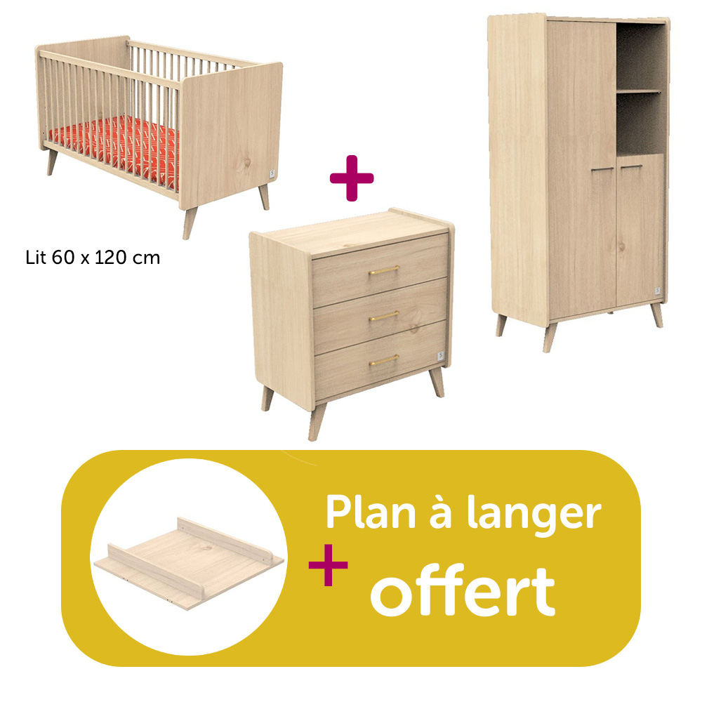Sauthon - Chambre bébé complète Arty, lit 60x120, commode, armoire, plan à langer offert  Sauthon