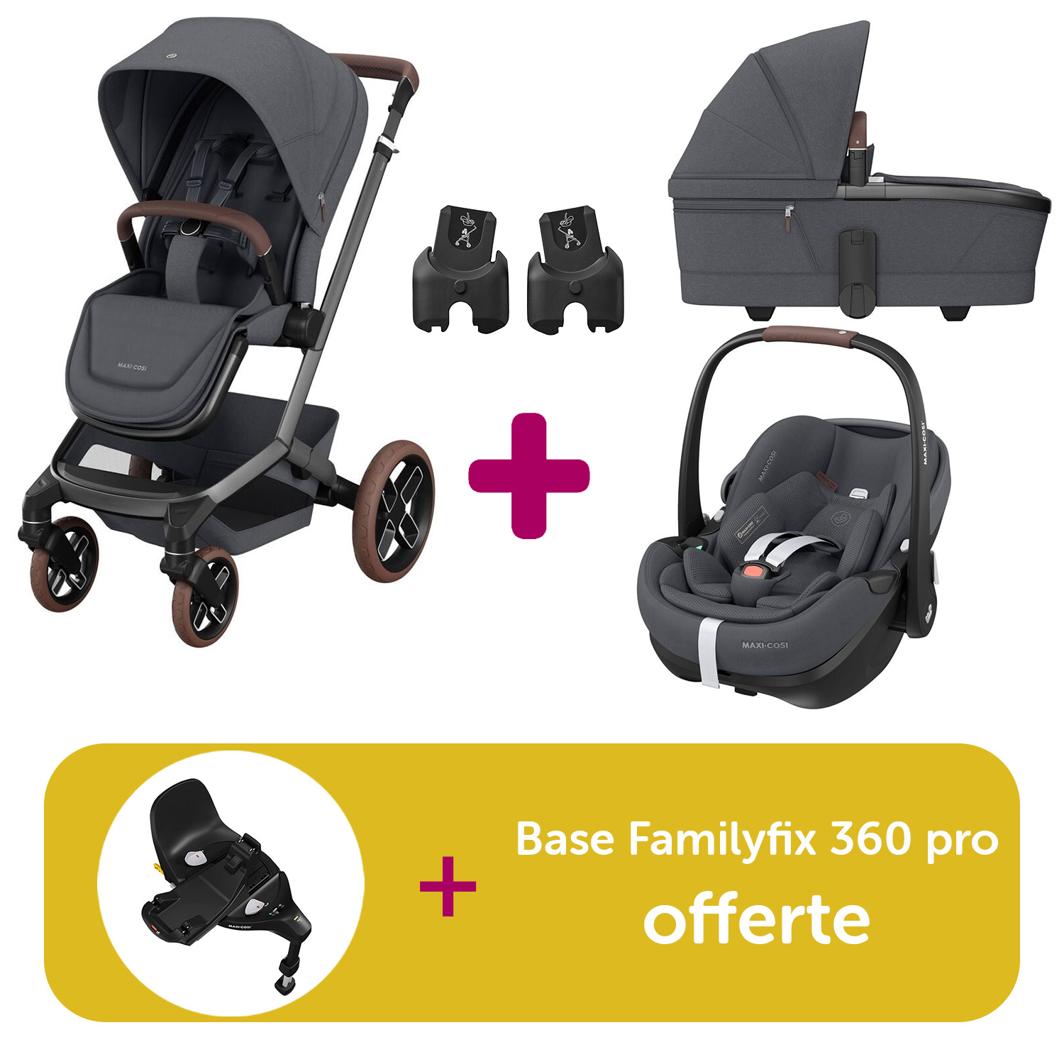 Pack Poussette Trio Fame Twillic Graphite + Nacelle + adaptateurs coques + coque Pebble 360 pro Twillic Graphite = base Familyfix 360 pro offerte  Maxi Cosi