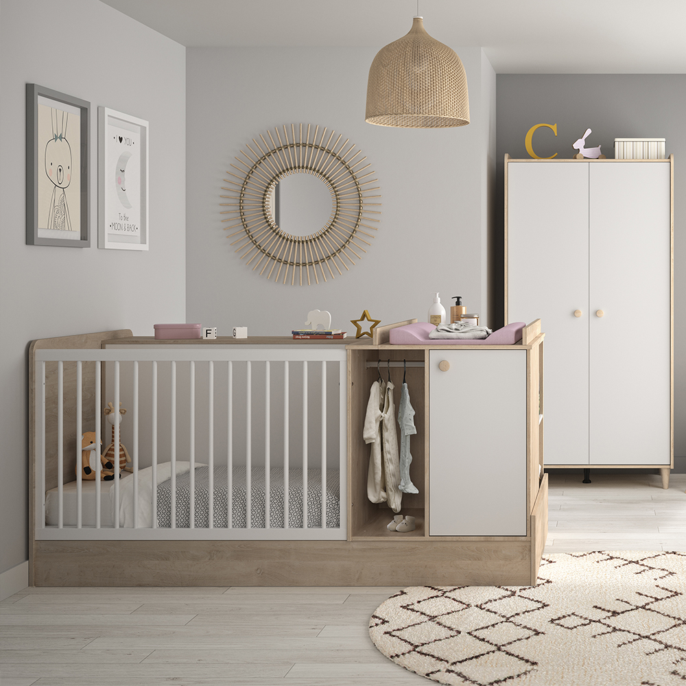 Chambre bébé complète Noam : lit combiné évolutif 60x120, armoire Bébé Lune