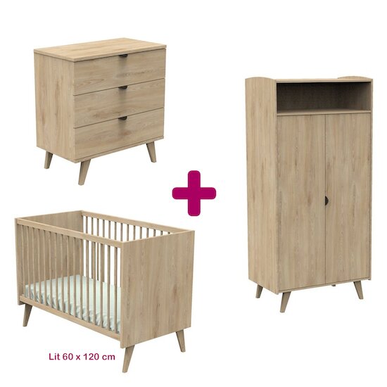 Sauthon Chambre bébé complète Mia : lit 60x120, commode, armoire  